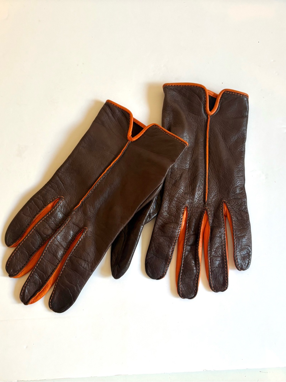 Brown Leather Gloves with Orange Trim Women Size 7.5
